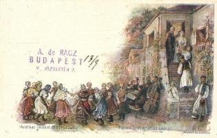 1896 Aratási jelenet Nógrádban, Ezredéves Országos Kiállítás / harvest, Hungarian folklore art postcard. Red 5 Kr. Ga. s: K.L.