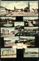 Tábor, multi-view postcard: Námestí, Sady, Kotnov, Vilová Ctvrt, Starobylé Domy na Námestí, Nové Mesto, Kral. Ceska Hospodárska Akademie, Pohled od Jordána / main square, castle, villas, old town, economic academy school (EK)