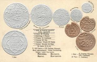 Morocco - set of Moroccan coins, currency exchange chart. Walter Erhard Emb. litho