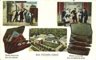 Pöstyén-fürdő, Pistyan, Bad Piestany; Pénznyelő, humoros montázslap / Money Pit, humorous montage postcard