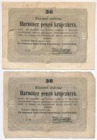 1848. 5Ft vörösesbarna + 10Ft (2x) egyik fordított hátlapi alapnyomattal + 1849. 30kr (2x) "Kos...