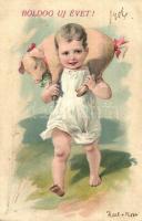 Boldog Új Évet! / New Year greeting art postcard, child with pig. P.F.B. Serie 5377. Emb. litho