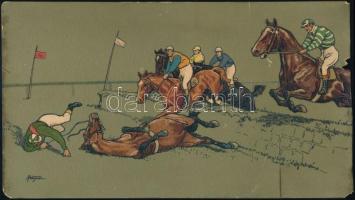 K. Wagner: Lóverseny, litho kép, szélén sérülésekkel, szakadással, 12x21 cm