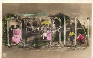 3 db RÉGI napszakos üdvözlőlap; reggel, délben, este / 3 pre-1945 greeting cards with parts of the d...