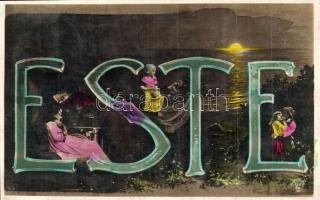 3 db RÉGI napszakos üdvözlőlap; reggel, délben, este / 3 pre-1945 greeting cards with parts of the d...