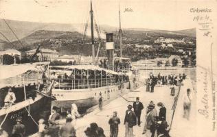 Crikvenica, Cirkvenica; Molo, Velebit egycsavaros tengeri személyszállító gőzhajó / port, steamships