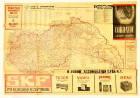 1940 Királyi Magyar Automobil Club útállapot térkép rajta a benzinkutakkal, hátoldalon Budapest látképeivel (egy két apró szakadással) / Road map of Hungary 60x80 cm