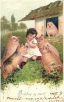 Boldog Új Évet! / New Year greeting art postcard with child and pigs. M.S.i.B. 13488. Emb. litho