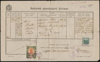 1920 Születési anyakönyvi kivonat újpesti lakos részére, 1 kr. okmánybélyeggel, 1 kr. újpesti városi illetékbélyeggel, papír hajtásnyomok mentén szakadásokkal