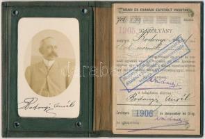 1905-1906 Aradi és Csanádi Egyesült Vasutak fényképes igazolványa mérnök részére, bőr kötésben, jó á...