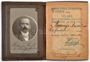 1907-1912 MÁV felárú jegy váltására jogosító fényképes igazolvány, főmérnök részére, igényes bőr tokban, jó állapotban.