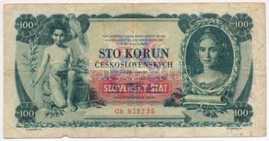 Szlovákia 1939. 100K csehszlovák bankjegy szlovák felülbélyegzéssel T:III,III- Slovakia 1939. 100 Korun Czechoslovakian banknote with Slovakian overprint C:F,VG Krause 1.