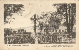 1914-15 Mezőlaborc, Medzilaborce; Az oroszdúlta Zemplén. Jancsó Árpád honvéd alezredes és három névtelen hős sírja. Szabó Pál kiadása / WWI K.u.K. heroes cemetery after the Russian attack (fl)