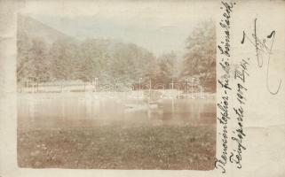 1909 Trencsénteplic, Trencianske Teplice; csónakázók a tavon / rowing boat on the lake. photo (EK)