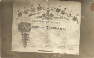 Nagytapolcsány, Topolcany; Societas ex Corona, Lecturis salutem! Georgium Turchányi / lefotózott diploma (?) Studentika / diploma, studentica. photo (EK)