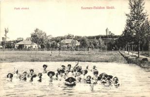 Balatonszemes, Parti részlet, fürdőzők, háttérben villa. Berliner Salamon kiadása (ragasztónyom / glue mark)