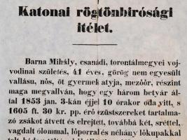 1853 Katonai rögtönbírósági ítélet, csanádi Barna Mihály mezőőr ügyében, betyároknak menhelyadás bűn...