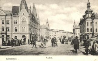 Kolozsvár, Cluj; Vashíd, gyógyszertár, utcaseprők. Schuster Emil kiadása / bridge, pharmacy, street sweepers