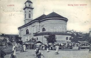 Lugos, Lugoj; Görögkeleti templom, piac, árusok / Greek Orthodox church, market vendors