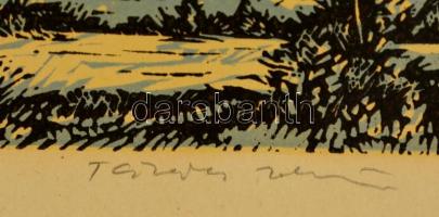 Takács Zoltán (1940-): Szicíliai táj. Színes linó, papír, jelzett, 21×30 cm