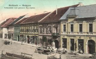 Medgyes, Mediasch, Medias; Teilansicht vom grossen Marktplatz / Piac tér, Wilhelm Oberth üzlete, Ipartársulat. Fritz Guggenberger kiadása / market square, shops, industrial association's building