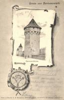 Nagyszeben, Hermannstadt, Sibiu; Hartenecktürme / Harteneck-torony. Jos. Drotleff, G. A. Seraphin kiadása, címeres díszítés / towers. Art Nouveau coat of arms (EK)