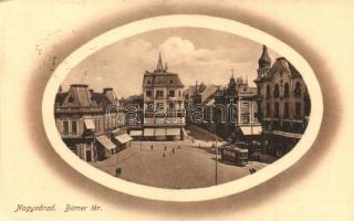 Nagyvárad, Oradea; Bémer tér, Angol és francia női szabóság, Markovits és Weinberger, Erdős és Grünfeld üzletei, villamos / square, tailor, shops, tram (EK)