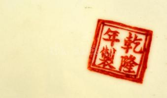 Jelzett kézzel festett kínai tál, kopott, d:27 cm