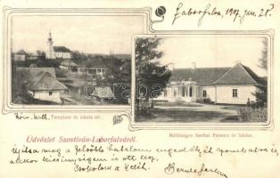 Szentiván-Laborfalva, Szentivánlaborfalva, Santionlunca; Templom és iskola tér, Méltóságos Seethal Ferenc úr lakása, kastély / church, school square, castle villa. Art Nouveau