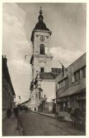 Komárom, Komárno; Református templom, utcakép, Leona üzlete / street view, church, shops