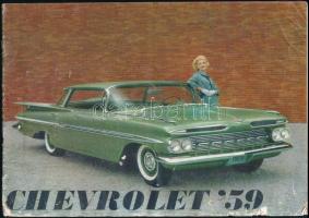 1959 Chevrolet angol nyelvű autó prospektus, papírkötés, kopott, foltos, az első három lap alsó sarka, lapszéle sérült, egy ív kijár./ 1960 Brochure of Chevrolet, in English language, paperbinding, worn, spotty, the first three pages damaged, one folio is coming out