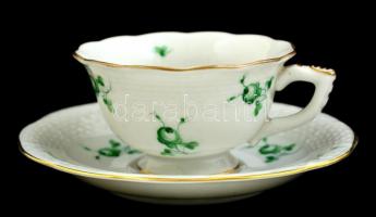 Herendi porcelán zöld virágmintás mokkás csésze + alj (6+6 db), jelzett, egy csészealj hajszálrepedé...