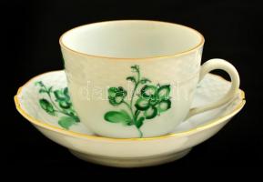 Herendi porcelán zöld virágmintás mokkás csésze + alj, jelzett, hibátlan,