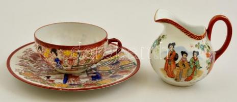 Kínai porcelán csésze + tálka + kiöntő, jelzettek, kopásnyomokkal, 3 db