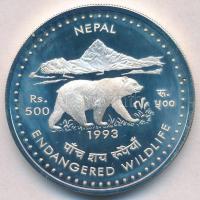 Nepál 1993. 500R Ag "Himalájai fekete medve" T:PP fo. Nepal 1993. 500 Rupee Ag "Himalayan Black Bear" C:PP spotted Krause KM#1070