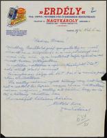 1941 Erdély Olaj- Szappan- Vegyicikkek Gyára Nagykároly, díszes fejléces kézzel írt levél, kis szakadással, 29,5x23 cm