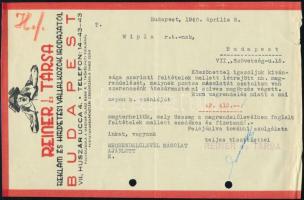 1940 Reiner és Társa Reklám és Hirdetési Vállalkozók Irodája, nagykerekedők, díszes fejléces számla, 14x22 cm