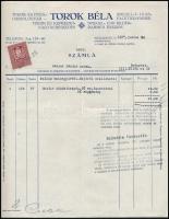 1930 Török Béla Tükör- és Üvegcsiszológyár, díszes fejléces számla, okmánybélyeggel, 28x22,5 cm