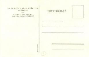 Budapesti Svábhegy Szanatórium Klimatikus Diétás Gyógyintézetének reklámlapja síelőkkel. Globus / Hu...