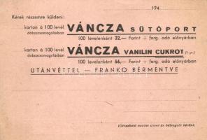 Váncza Tápszergyár sütőpor és vanilincukor reklámja. Budapest VIII. Korányi Sándor utca 28. / Hungar...