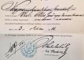 1913 Őfelsége Személye Körüli Magyar Királyi Minisztérium Segédhivatali Igazgatóságának 3 irata, (ké...