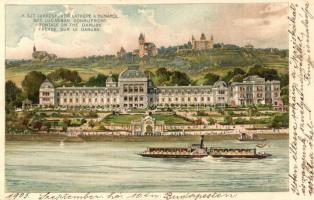 Budapest II. A Szent Lukács fürdő látképe a Dunáról, gőzhajó. Art Nouveau litho (EK)