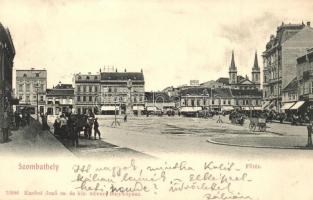 Szombathely, Fő tér, Hegedűs Miksa, Stauber, Kaiser Lajos üzletei, Stadler szálloda, gyógyszertár. Knebel Jenő kiadása