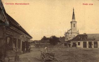 Marosludas, Ludus; Deák utca, Valics Károly, Goldstein Gyula üzletei, Vendéglő a Zöld fához étterem. Glück József kiadása / street view, shops, restaurant (r)