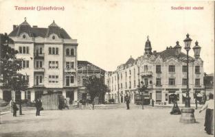 Temesvár, Timisoara; Józsefváros. Scudier tér, Piszika Udvar, Albert Testvérek, Piszika Sándor, Reissler Ferenc üzletei, villamos. Gerő kiadása / square, shops, tram (EK)