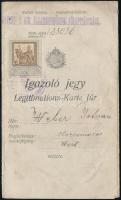 1915 Fényképes igazoló jegy, kocsmáros részére, magyar és német nyelven, 2 k. okmánybélyeggel