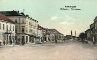 Szászrégen, Reghin; Közép utca, üzletek. Bischitz J. kiadása / street view, shops (EK)