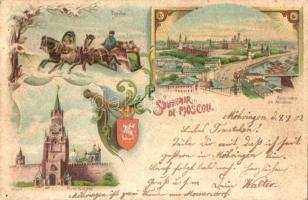 Moscow, Moscou; Panorama, Troika, Porte Sainte / Kremlin, Troika (sleigh pulled by 3 horses), Troitskaya Tower, coat of arms. floral Art Nouveau litho (EK)