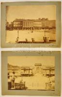 cca 1870-1890 2 db Budapest fotó, Klösz György felvételei: régi tőzsde épület (Lloyd-palota), Lánchíd pesti hídfője, kartonon, 18x25 cm.