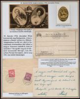 1916 IV. Károly király koronázásával kapcsolatos nyomtatványok, levelezőlapok és egy jelvény tablón.